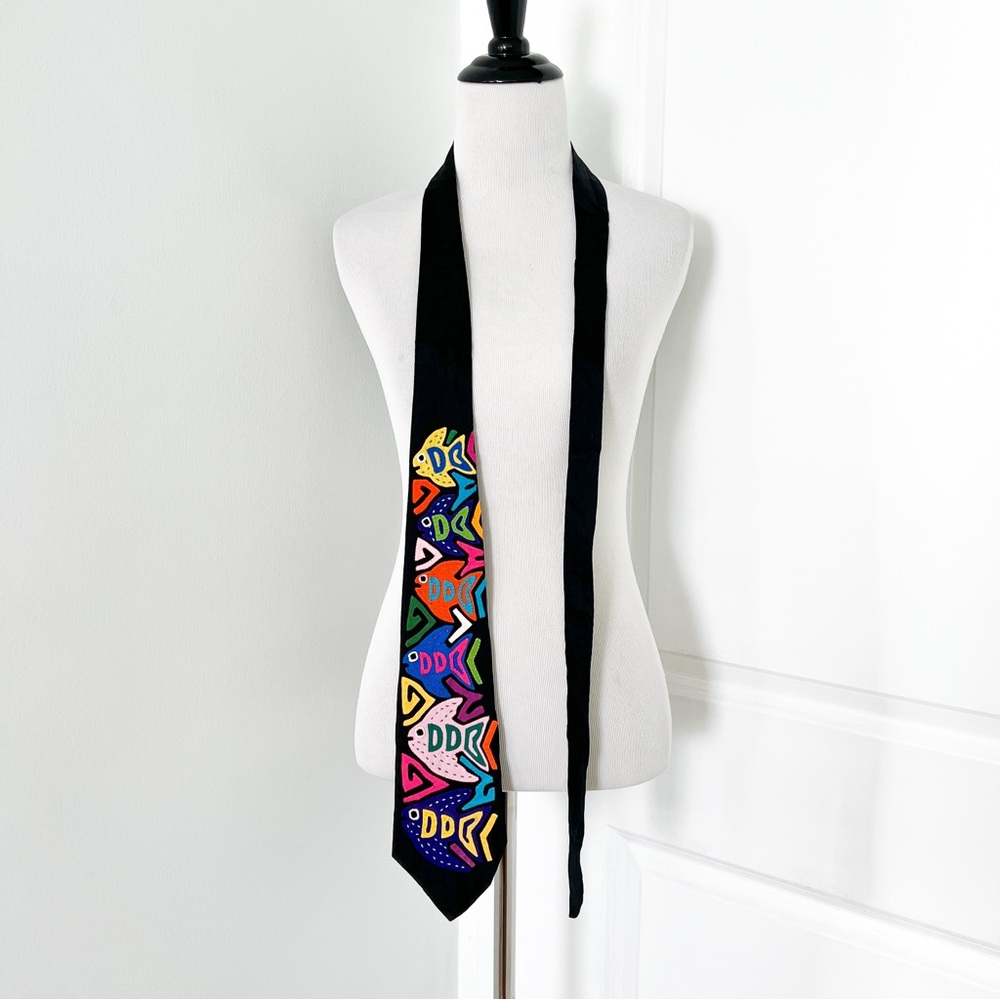 My Name is Panama  Black Tie with Multicolor Fish Motif